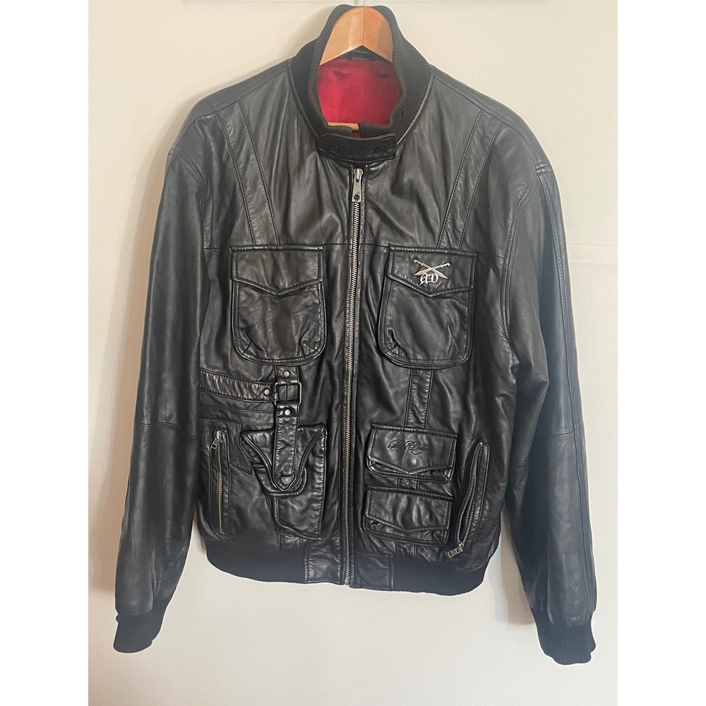 Artful Dodger Men's Black Leather Bomber Jacket Multi-Pocket Sz L